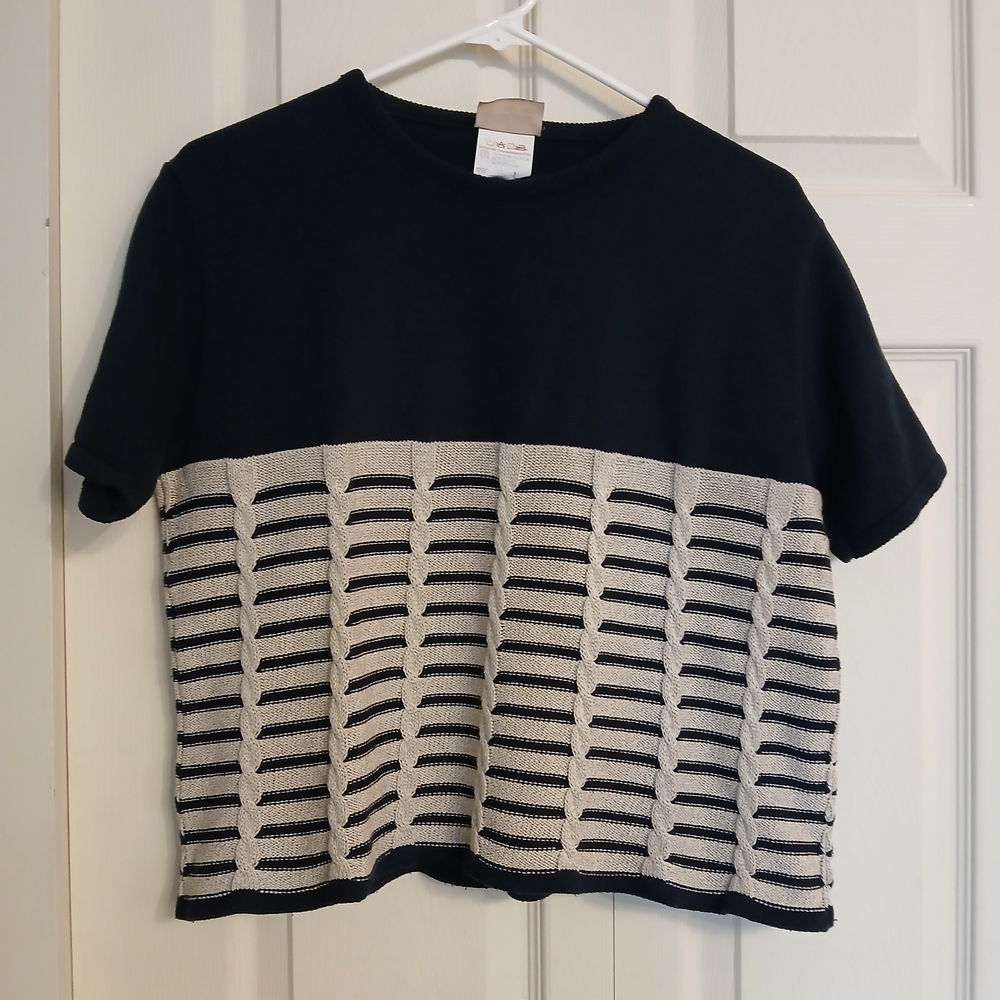 GABY Vintage Navy Blue and Cream Short Sleeve Knit Top, Size Large (L)